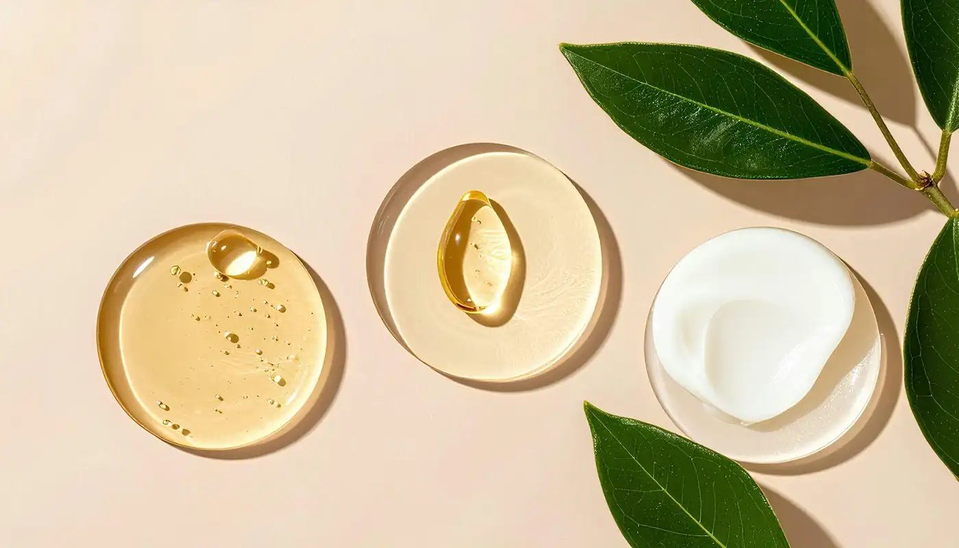 Small glass dishes of golden oil and white cream beside green leaves