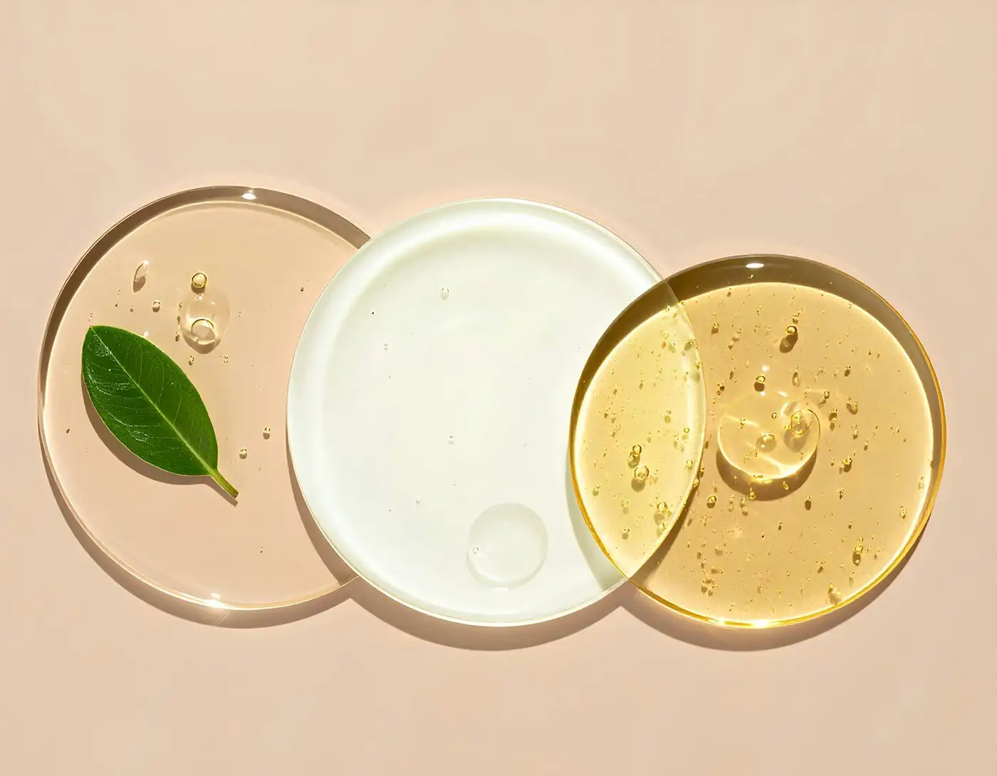 Three round glass dishes of clear and golden serum with a green leaf, on a pale peach surface